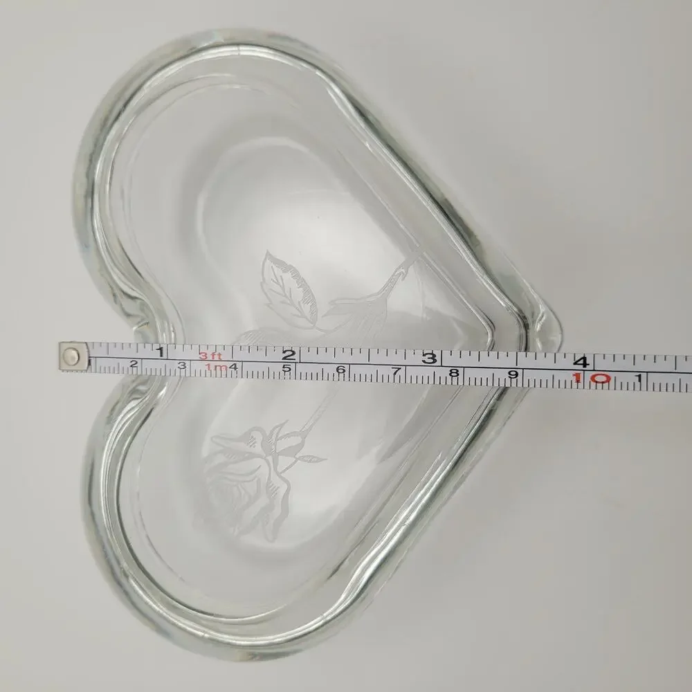 Heart Shaped Clear Glass Trinket Dish with Etched Rose Design, 4 Inches Wide